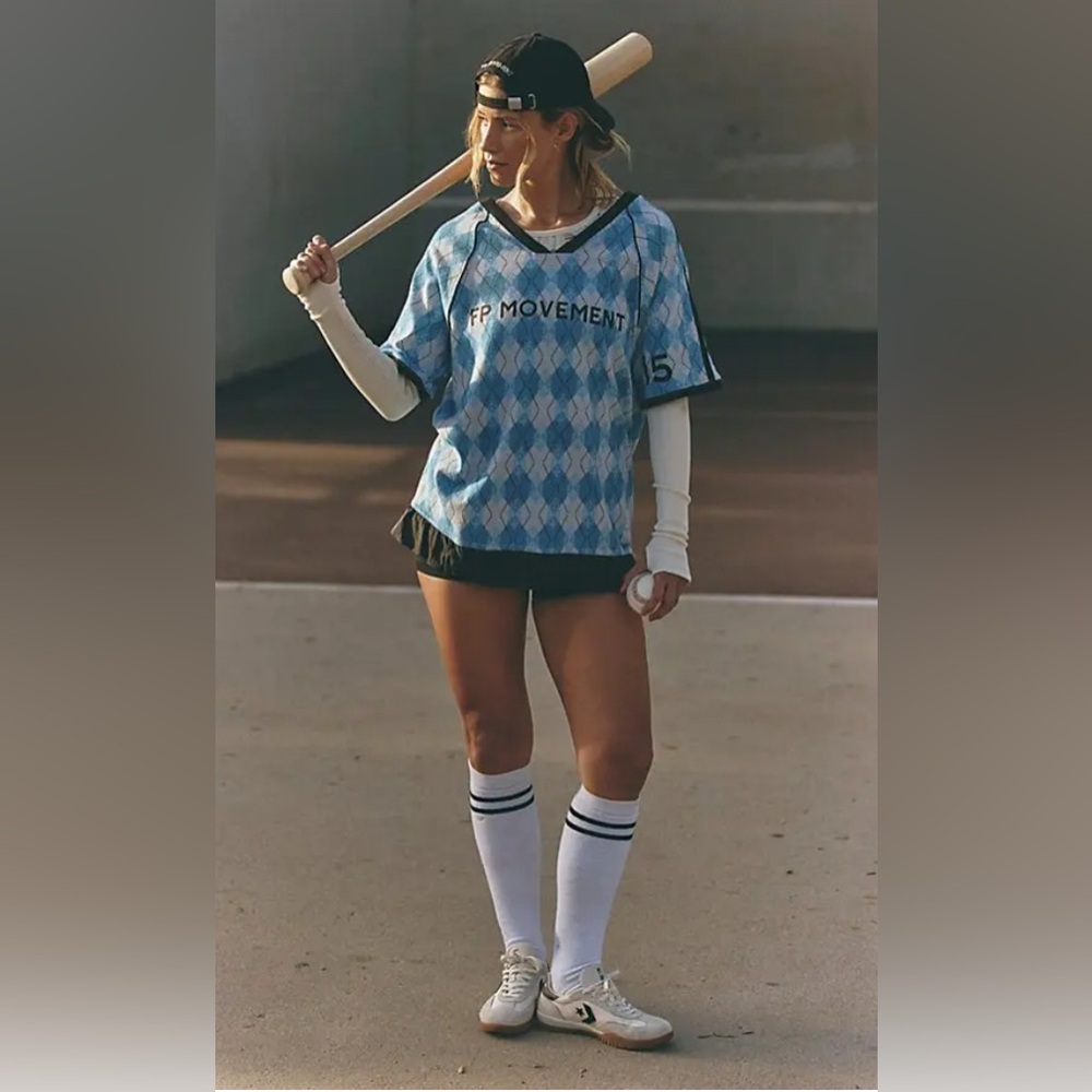 Free people movement Baseline Printed Tee. NWT. Light blue argyle - Picture 4 of 4